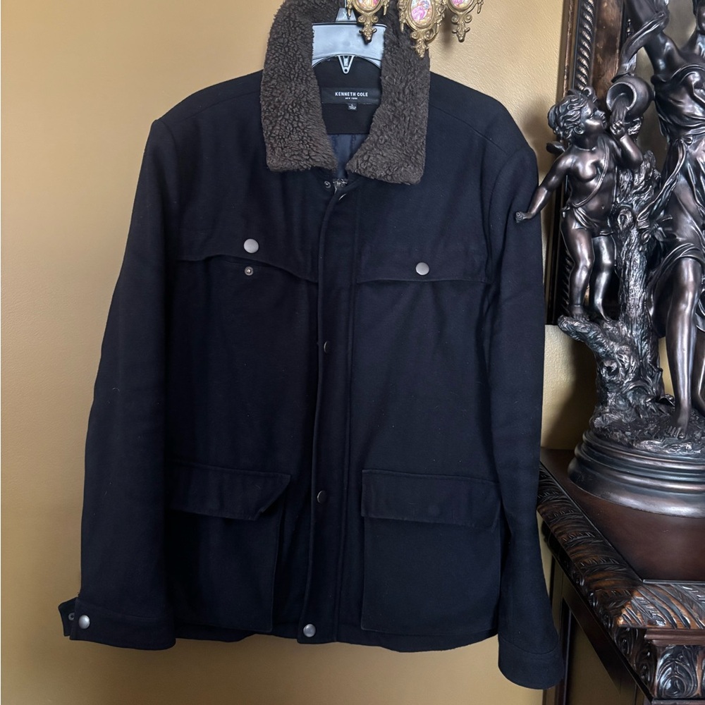 Kenneth Cole Black Military Field Jacket with Corduroy Collar